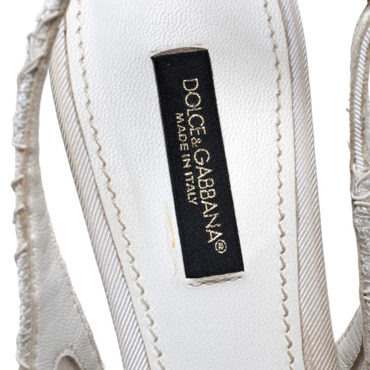 Pre Owned Dolce & Gabbana White Crystal Embellished Lace Pointed Toe Slingback Sandals Size 36