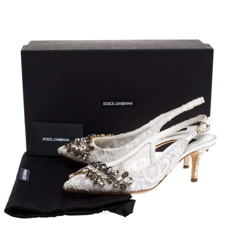 Pre Owned Dolce & Gabbana White Crystal Embellished Lace Pointed Toe Slingback Sandals Size 36