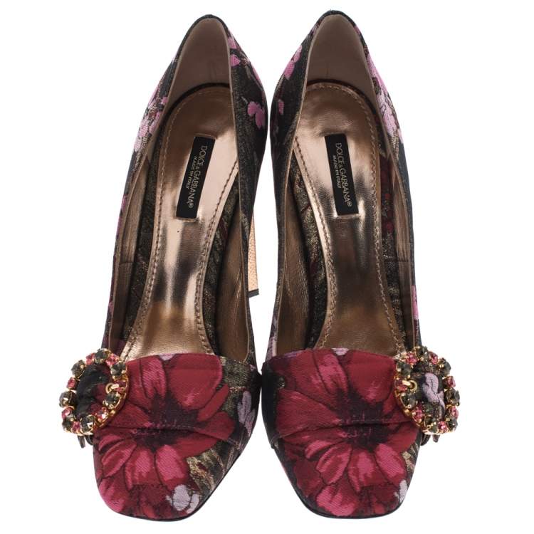 Pre Owned Dolce & Gabbana Multicolor Floral Brocade Fabric Embellished Block Heel Pumps Size 39