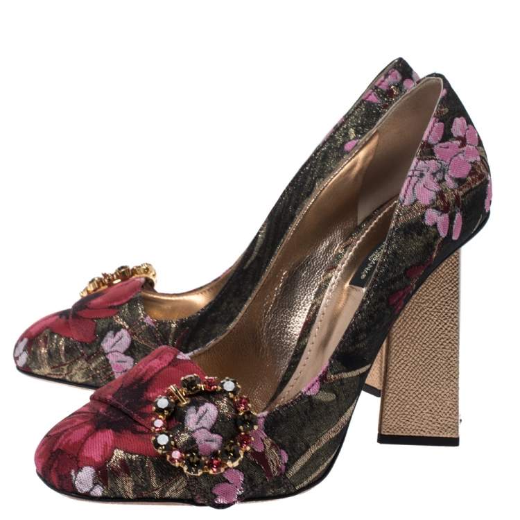 Pre Owned Dolce & Gabbana Multicolor Floral Brocade Fabric Embellished Block Heel Pumps Size 39