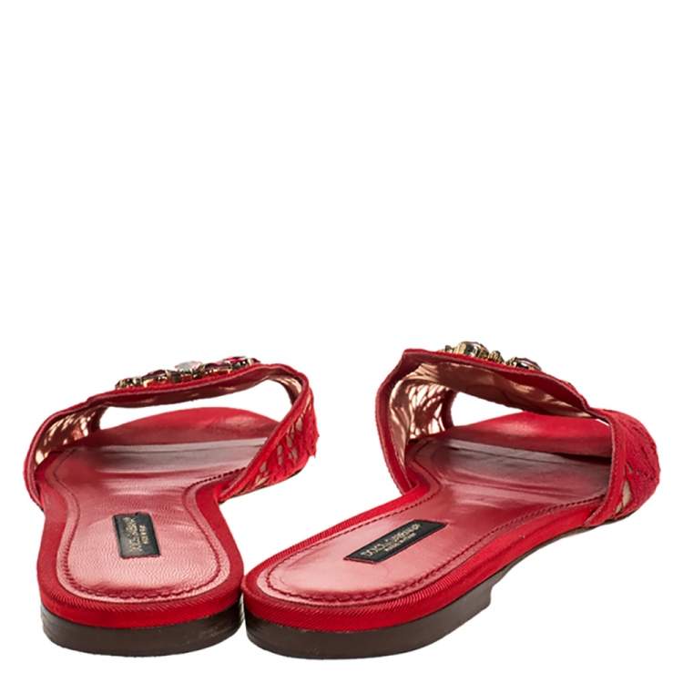 Pre Owned Dolce & Gabbana Red Lace Crystal Embellished Flat Slides Size 40