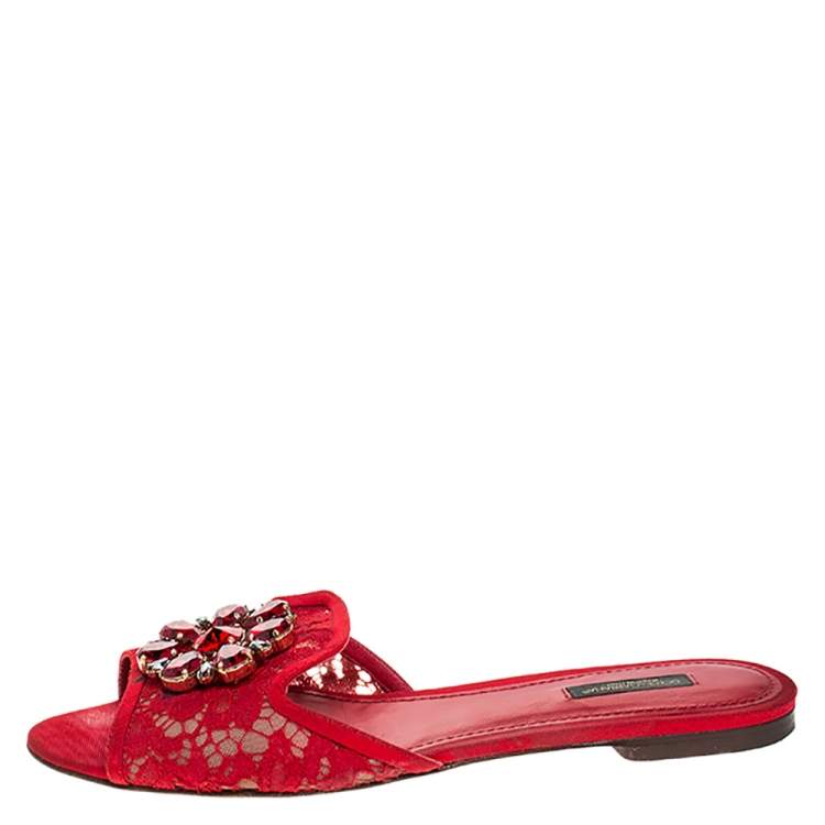 Pre Owned Dolce & Gabbana Red Lace Crystal Embellished Flat Slides Size 40