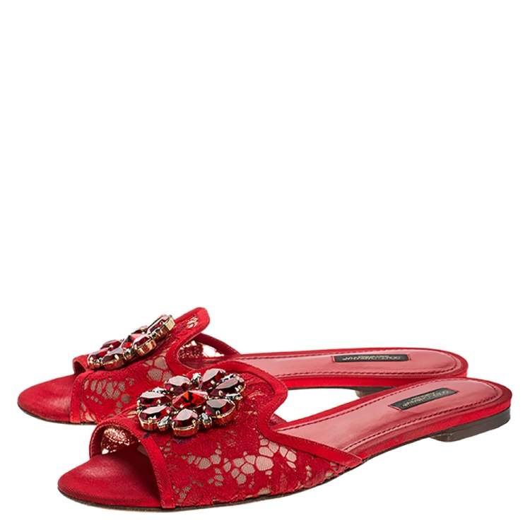 Pre Owned Dolce & Gabbana Red Lace Crystal Embellished Flat Slides Size 40