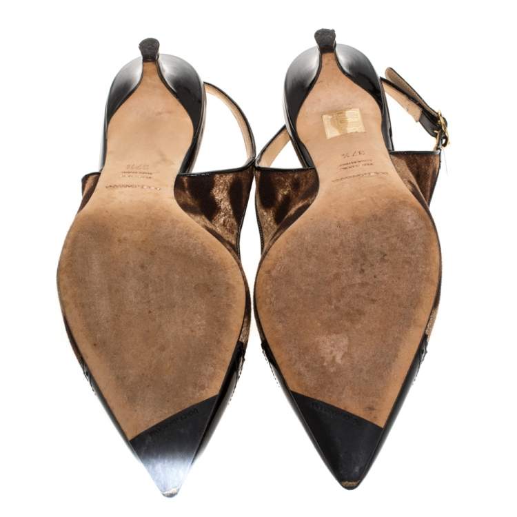 Pre Owned Dolce & Gabbana Brown/Black Leopard Print Canvas And Patent Leather Bow Slingback Sandals Size 37.5