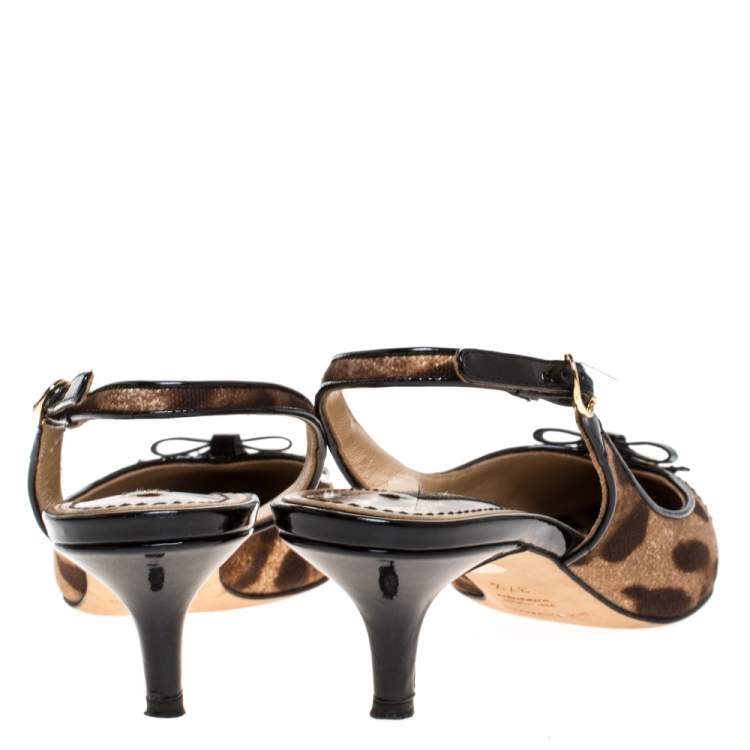 Pre Owned Dolce & Gabbana Brown/Black Leopard Print Canvas And Patent Leather Bow Slingback Sandals Size 37.5