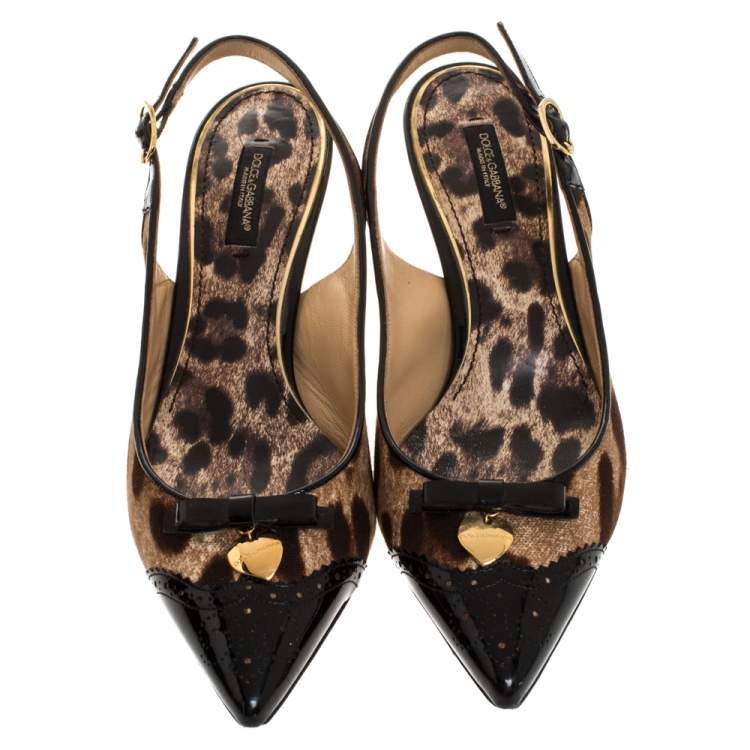 Pre Owned Dolce & Gabbana Brown/Black Leopard Print Canvas And Patent Leather Bow Slingback Sandals Size 37.5