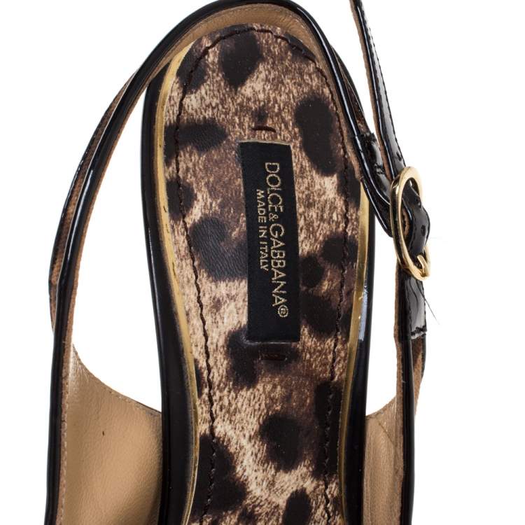 Pre Owned Dolce & Gabbana Brown/Black Leopard Print Canvas And Patent Leather Bow Slingback Sandals Size 37.5