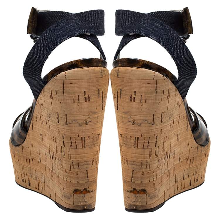 Pre Owned Dolce & Gabbana Leopard Print Patent Leather And Blue Denim Cork Wedge Platform Sandals Size 41