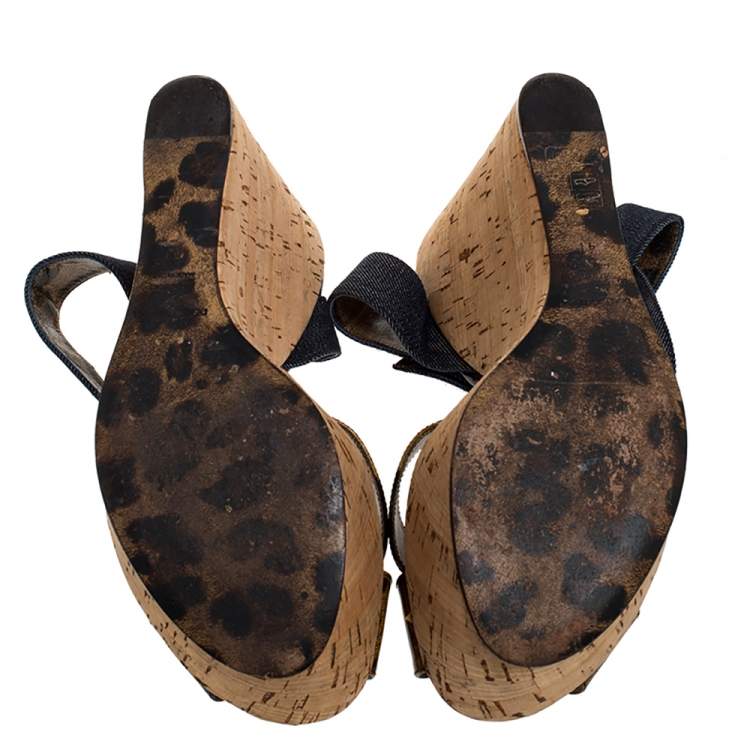 Pre Owned Dolce & Gabbana Leopard Print Patent Leather And Blue Denim Cork Wedge Platform Sandals Size 41