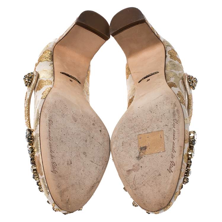 Pre Owned Dolce & Gabbana White/Gold Brocade Fabric Crystal Embellished Mary Jane Pumps Size 37