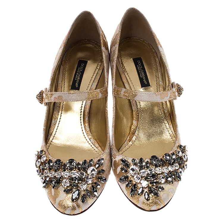 Pre Owned Dolce & Gabbana White/Gold Brocade Fabric Crystal Embellished Mary Jane Pumps Size 37