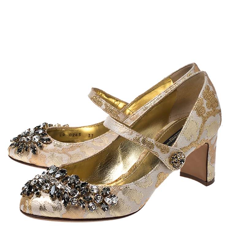 Pre Owned Dolce & Gabbana White/Gold Brocade Fabric Crystal Embellished Mary Jane Pumps Size 37