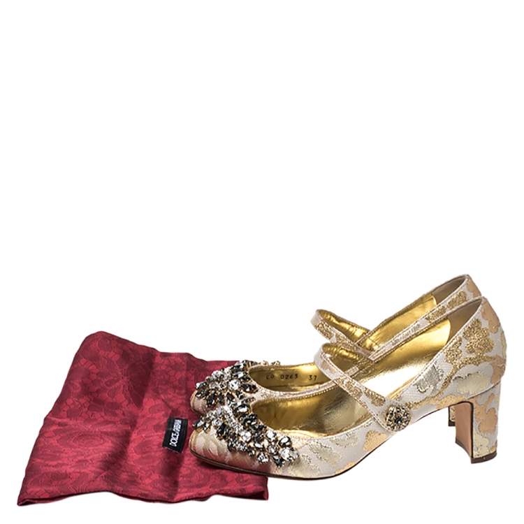 Pre Owned Dolce & Gabbana White/Gold Brocade Fabric Crystal Embellished Mary Jane Pumps Size 37