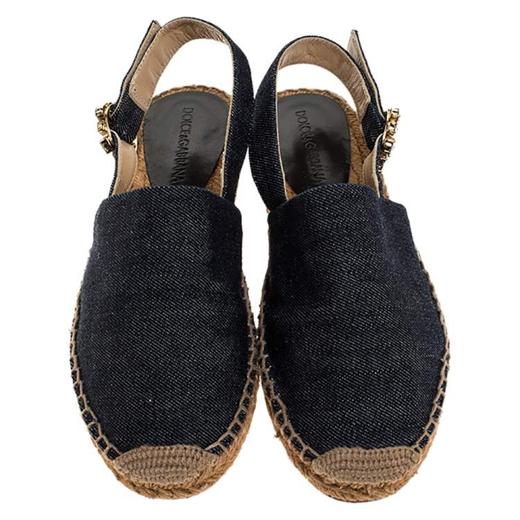Pre Owned Dolce & Gabbana Denim Fabric  Embellished Slingback Espadrille Flats Size 36