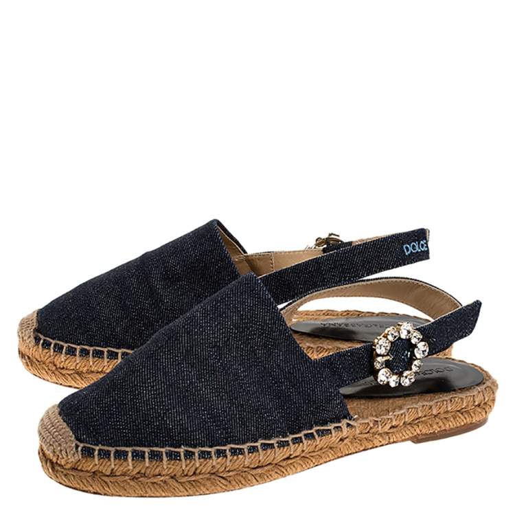 Pre Owned Dolce & Gabbana Denim Fabric  Embellished Slingback Espadrille Flats Size 36