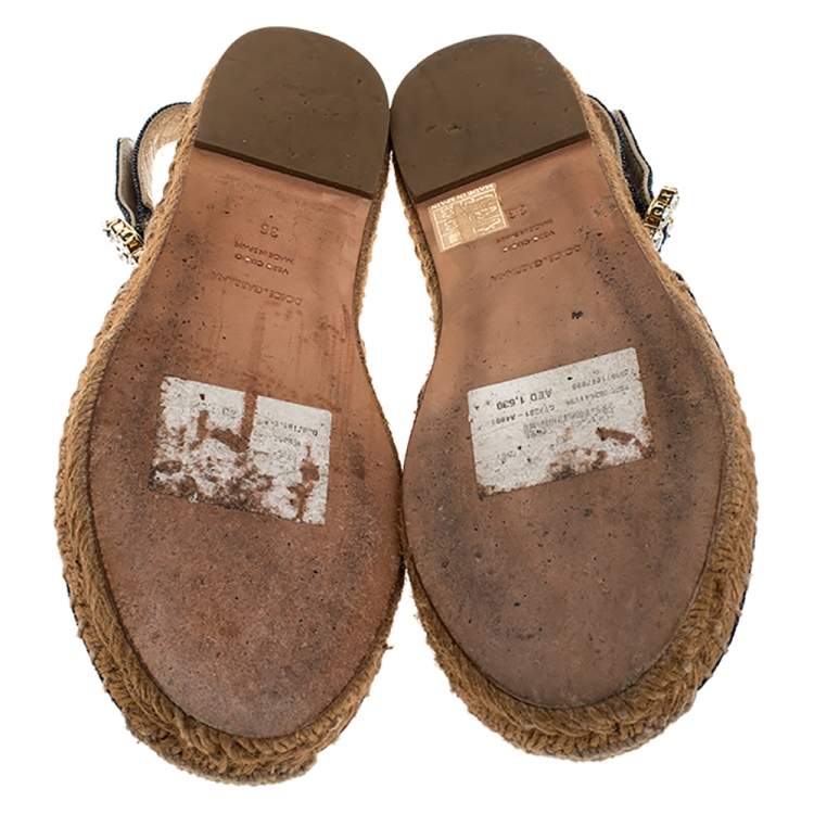 Pre Owned Dolce & Gabbana Denim Fabric  Embellished Slingback Espadrille Flats Size 36