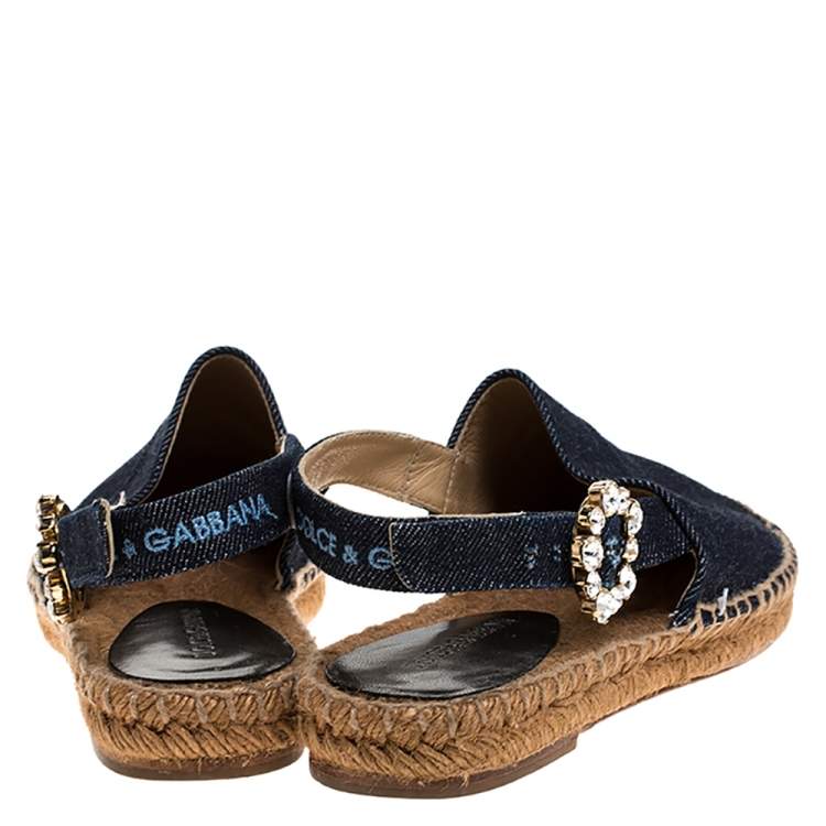 Pre Owned Dolce & Gabbana Denim Fabric  Embellished Slingback Espadrille Flats Size 36