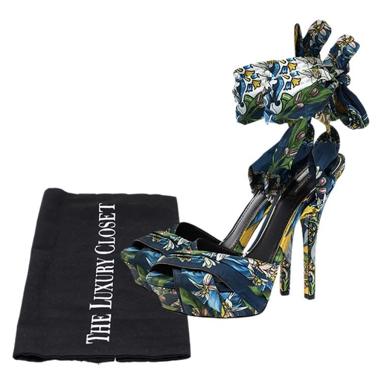 Pre Owned Dolce & Gabbana Multicolor Lilly Printed Foulard Pleated Cross Strap Ankle Wrap Sandals Size 41