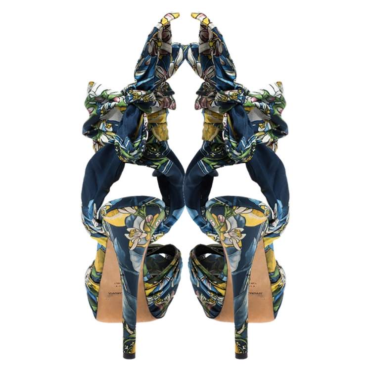 Pre Owned Dolce & Gabbana Multicolor Lilly Printed Foulard Pleated Cross Strap Ankle Wrap Sandals Size 41