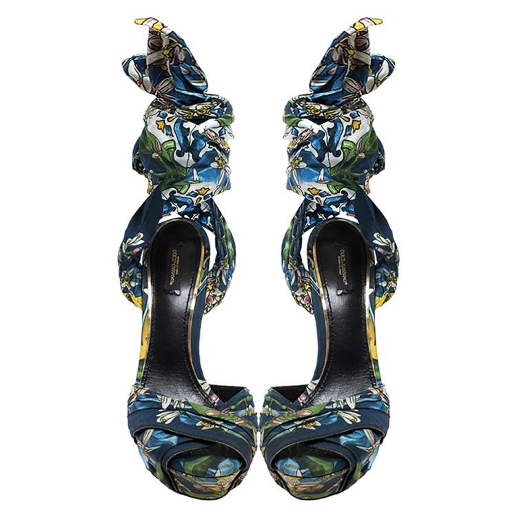Pre Owned Dolce & Gabbana Multicolor Lilly Printed Foulard Pleated Cross Strap Ankle Wrap Sandals Size 41