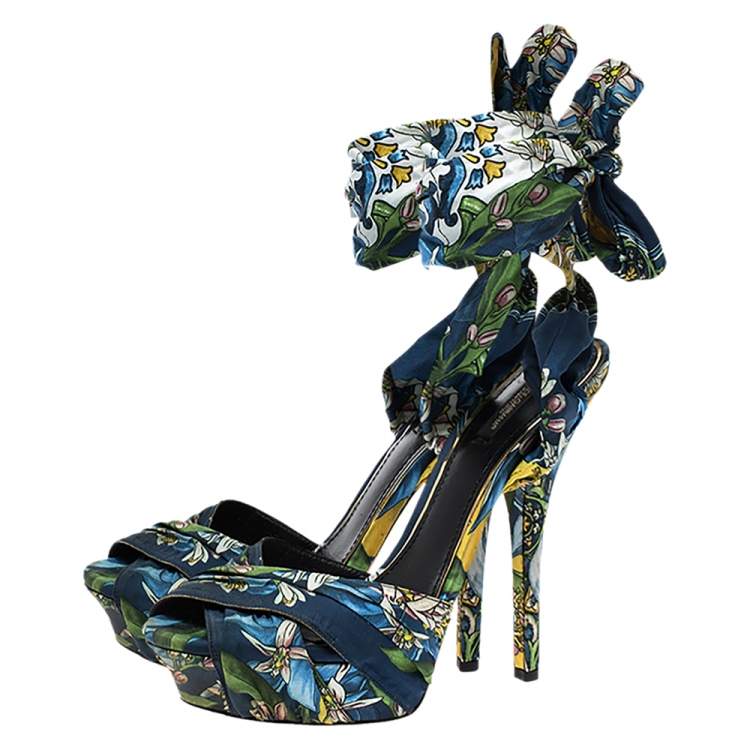Pre Owned Dolce & Gabbana Multicolor Lilly Printed Foulard Pleated Cross Strap Ankle Wrap Sandals Size 41