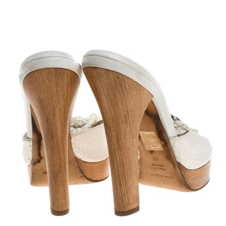 Pre Owned Dolce & Gabbana White Python Embellished Wooden Platform Slides Size 40