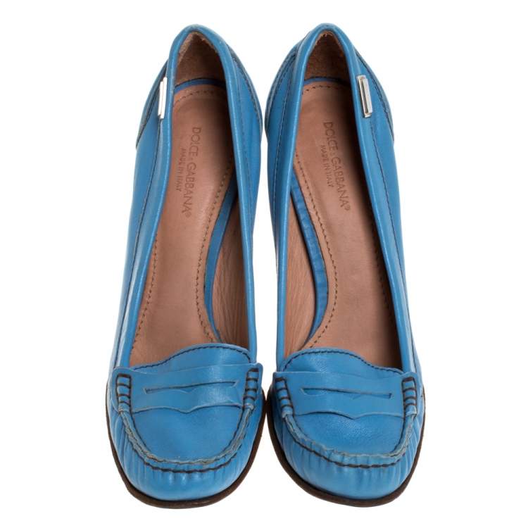 Pre Owned Dolce & Gabbana Blue Leather Loafer Pumps Size 41