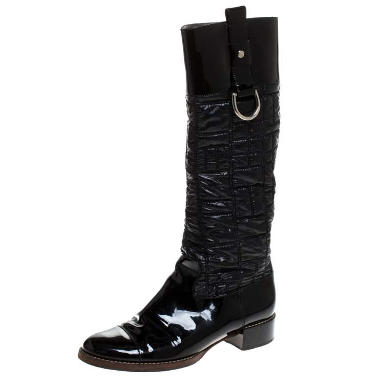 black patent quilted boots