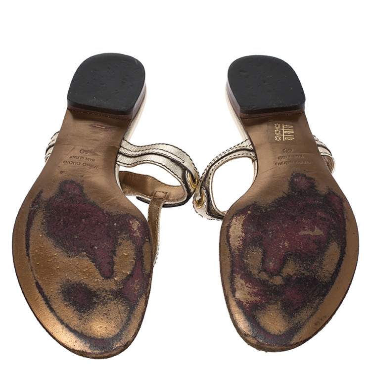 Pre Owned Dolce & Gabbana Metallic Gold Leather Thong Slide Sandals Size 40