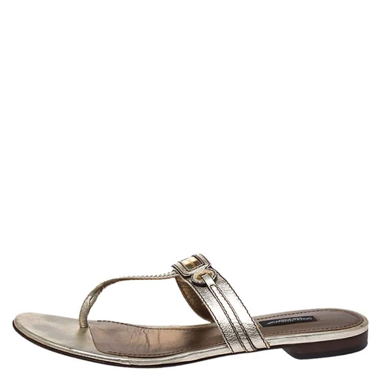Pre Owned Dolce & Gabbana Metallic Gold Leather Thong Slide Sandals Size 40