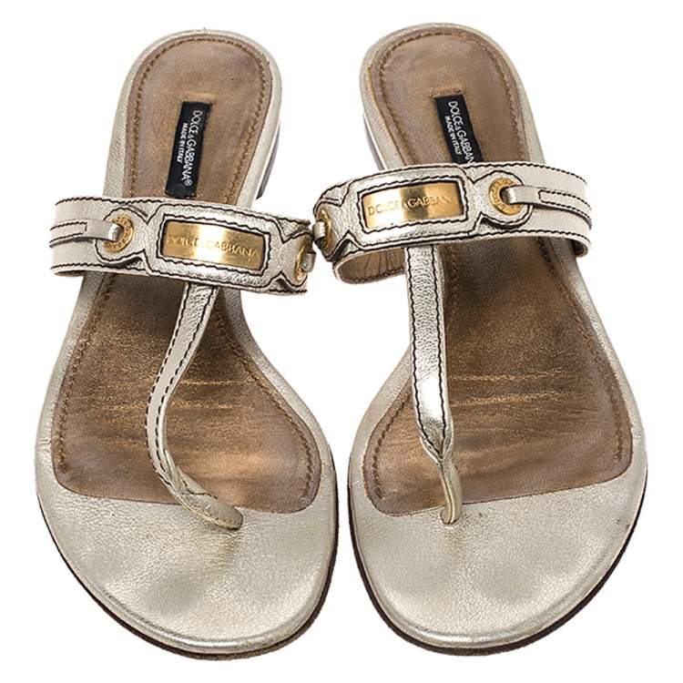 Pre Owned Dolce & Gabbana Metallic Gold Leather Thong Slide Sandals Size 40