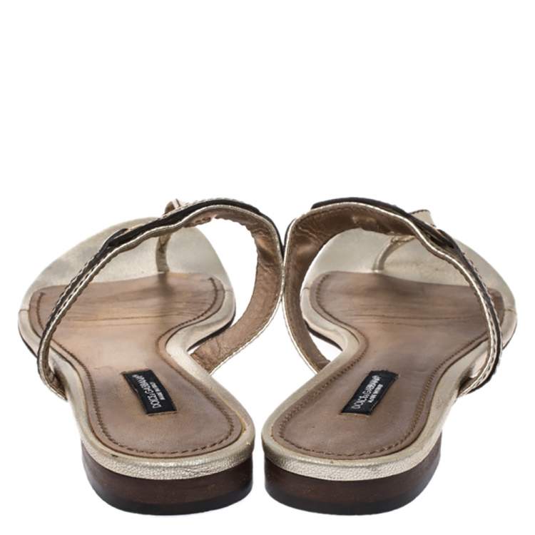 Pre Owned Dolce & Gabbana Metallic Gold Leather Thong Slide Sandals Size 40