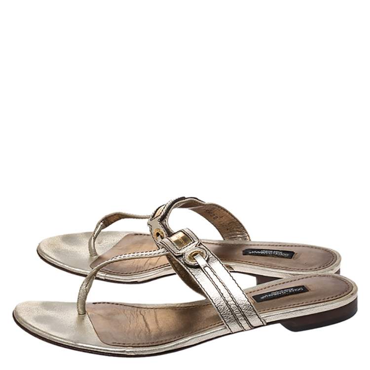 Pre Owned Dolce & Gabbana Metallic Gold Leather Thong Slide Sandals Size 40