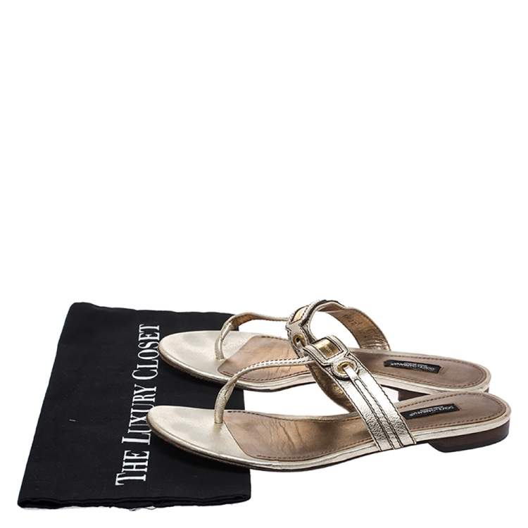 Pre Owned Dolce & Gabbana Metallic Gold Leather Thong Slide Sandals Size 40