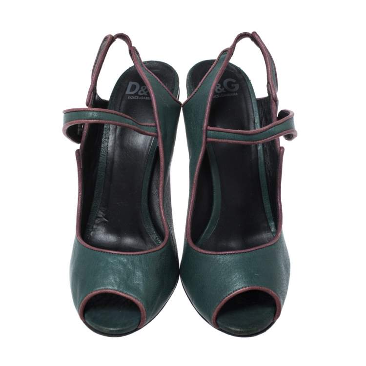 Pre Owned Dolce & Gabbana Green Leather Mary Jane Peep Toe Pumps Size 40 