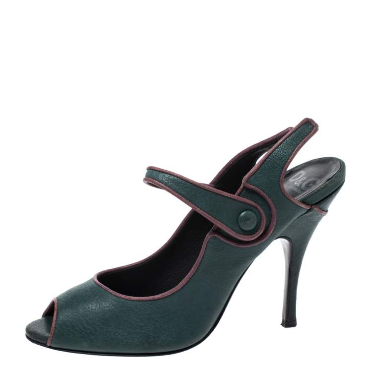 Pre Owned Dolce & Gabbana Green Leather Mary Jane Peep Toe Pumps Size 40 
