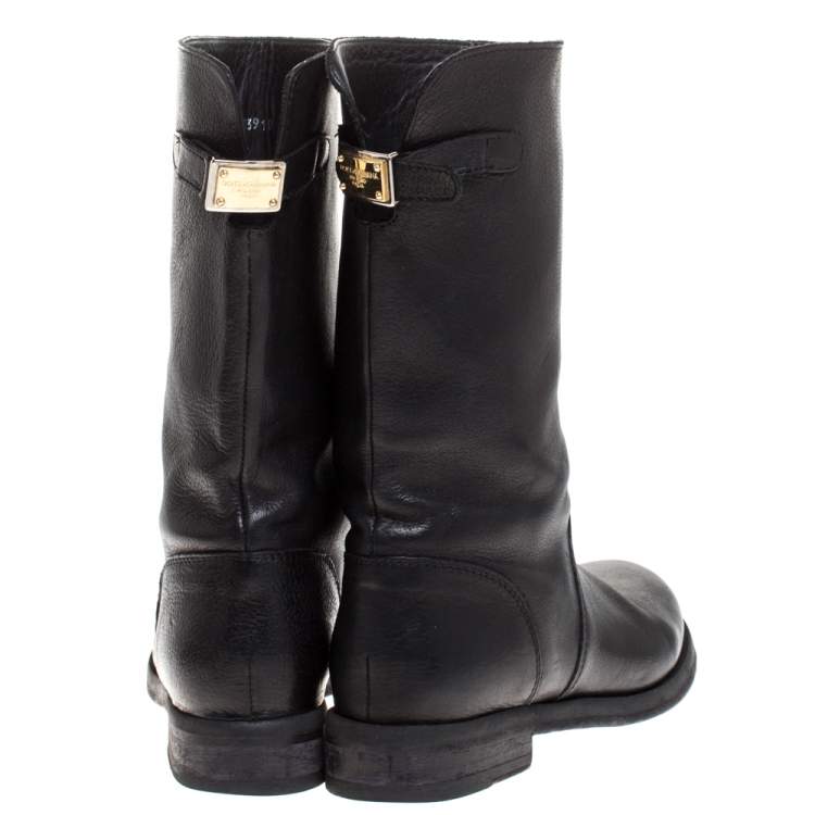 Pre Owned Dolce & Gabbana Black Leather Mid Calf Boots Size 37.5