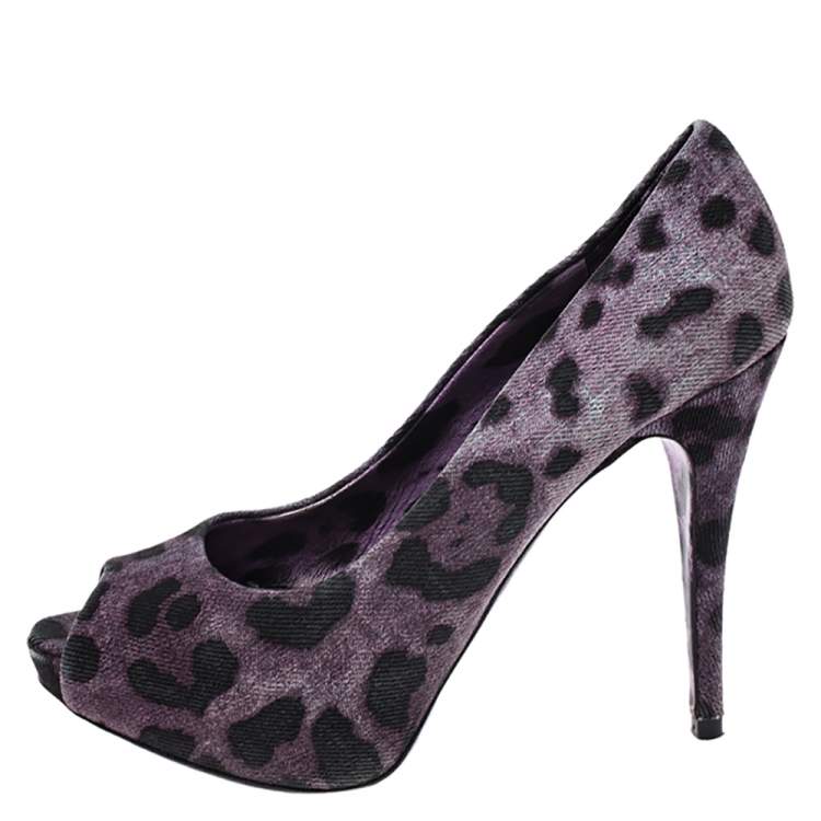 Pre Owned Dolce & Gabbana Purple/Black Leopard Print Canvas Peep Toe Pumps Size 37