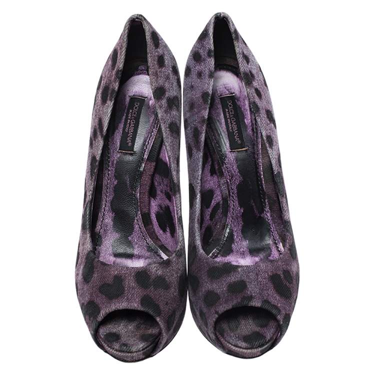 Pre Owned Dolce & Gabbana Purple/Black Leopard Print Canvas Peep Toe Pumps Size 37