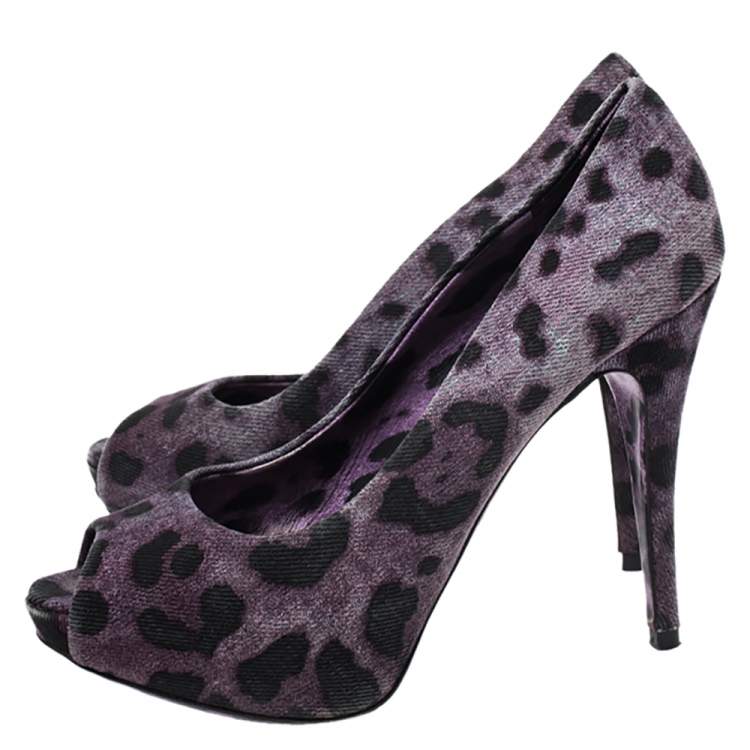 Pre Owned Dolce & Gabbana Purple/Black Leopard Print Canvas Peep Toe Pumps Size 37