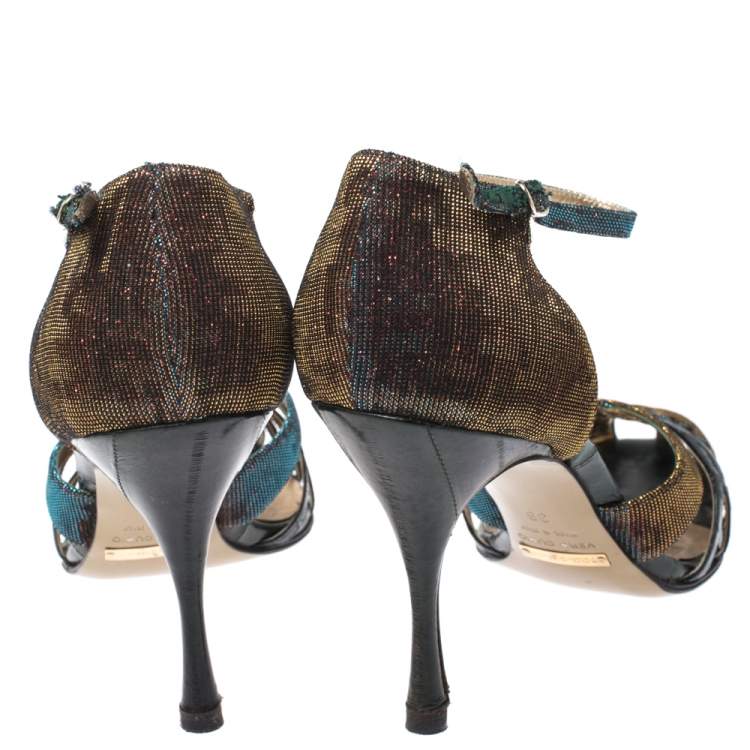Pre Owned Dolce & Gabbana Multicolor Leather And Lamé Fabric Strappy Ankle Strap Sandals Size 39