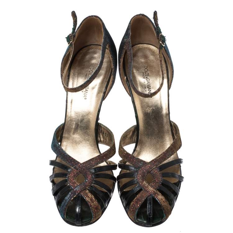 Pre Owned Dolce & Gabbana Multicolor Leather And Lamé Fabric Strappy Ankle Strap Sandals Size 39