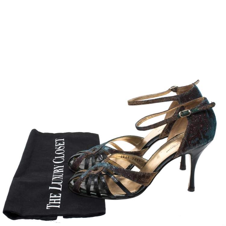 Pre Owned Dolce & Gabbana Multicolor Leather And Lamé Fabric Strappy Ankle Strap Sandals Size 39