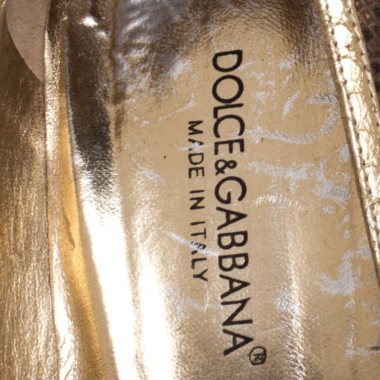 Pre Owned Dolce & Gabbana Gold Python And Brown Lizard Bow Peep Toe Pumps Size 39