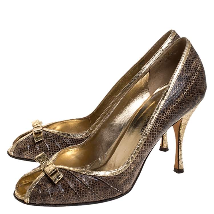 Pre Owned Dolce & Gabbana Gold Python And Brown Lizard Bow Peep Toe Pumps Size 39