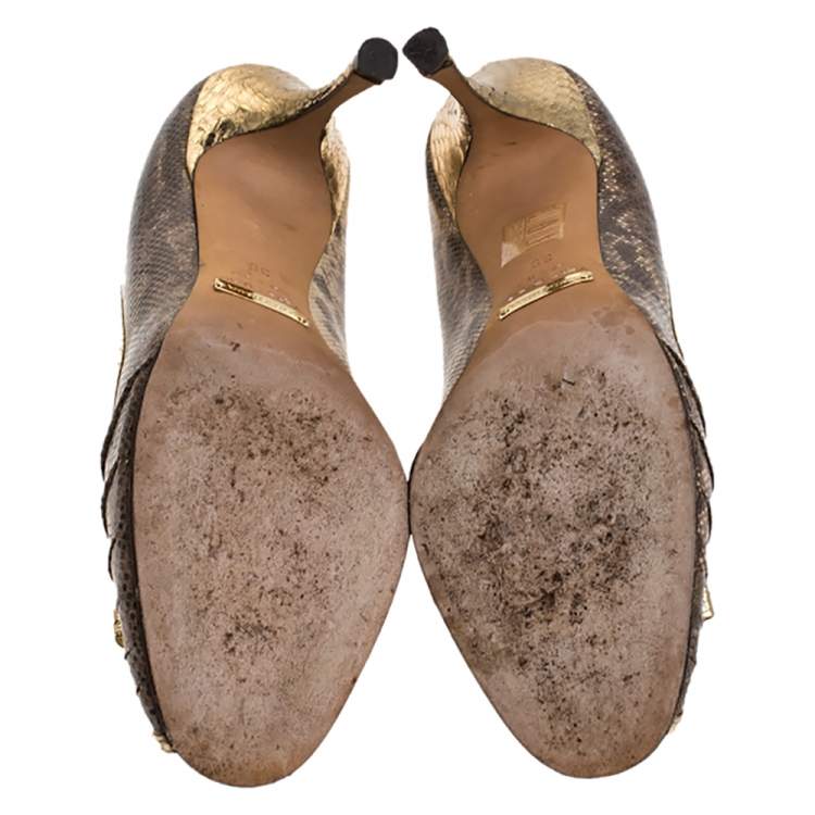 Pre Owned Dolce & Gabbana Gold Python And Brown Lizard Bow Peep Toe Pumps Size 39