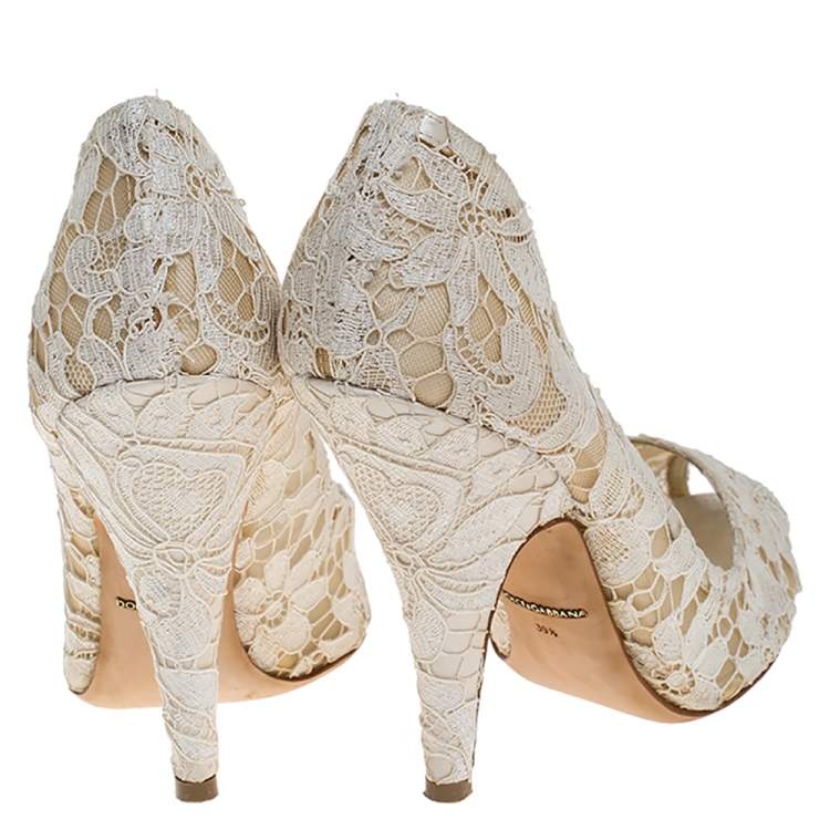 Pre Owned Dolce & Gabbana Off-white Lace And Satin Peep Toe Pumps Size 39.5