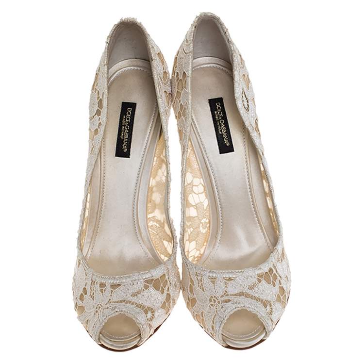 Pre Owned Dolce & Gabbana Off-white Lace And Satin Peep Toe Pumps Size 39.5