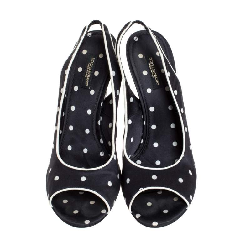 Pre Owned Dolce & Gabbana Black Satin Polka Dot Slingback Wedges Size 38