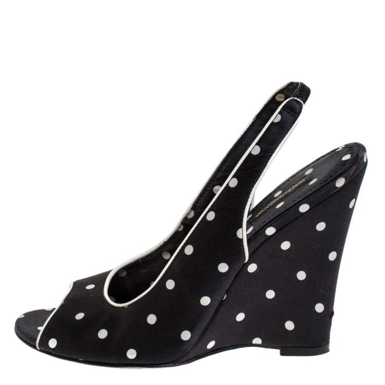Pre Owned Dolce & Gabbana Black Satin Polka Dot Slingback Wedges Size 38